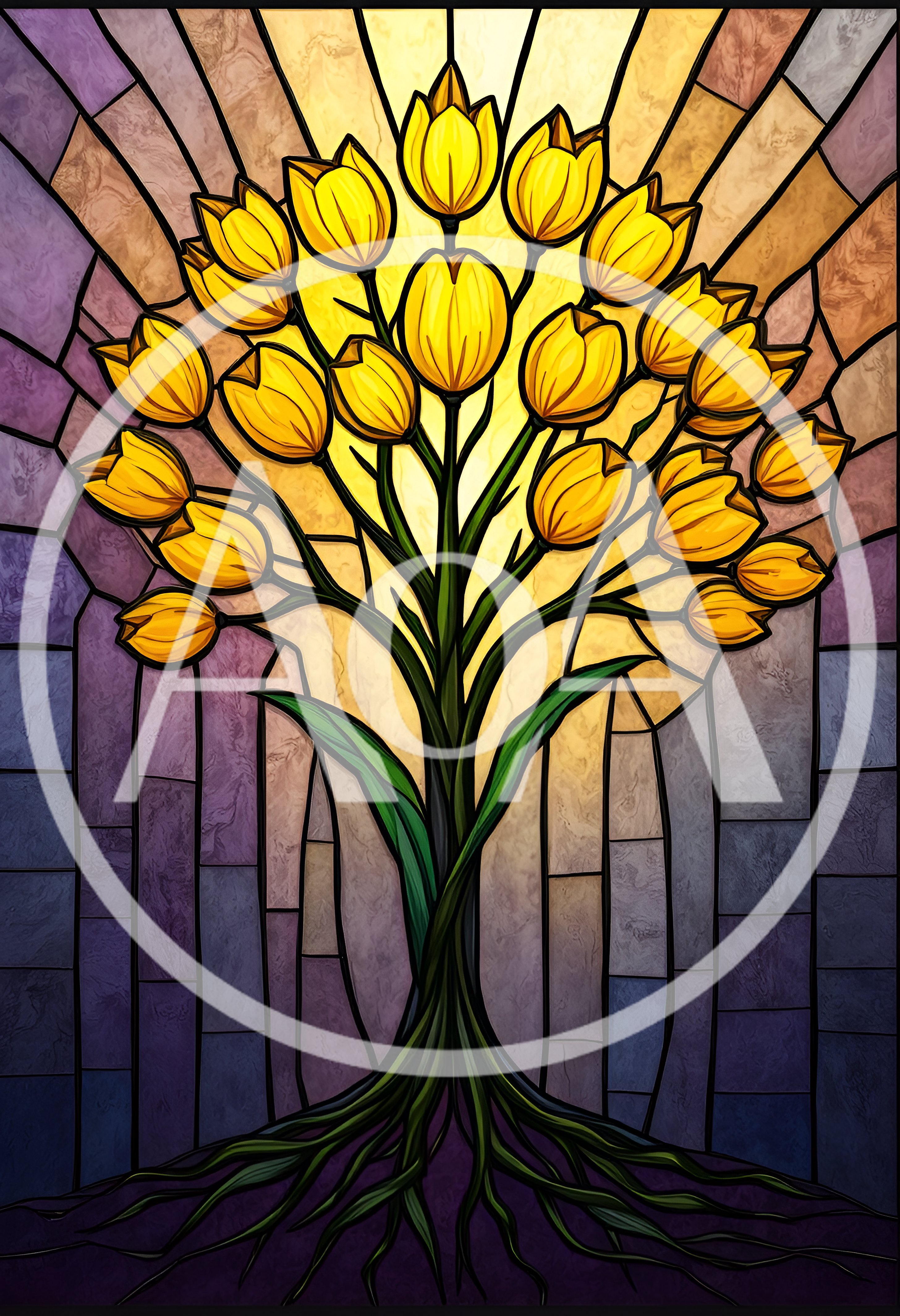 Stained Glass Tree With Yellow Tulip Blossoms
