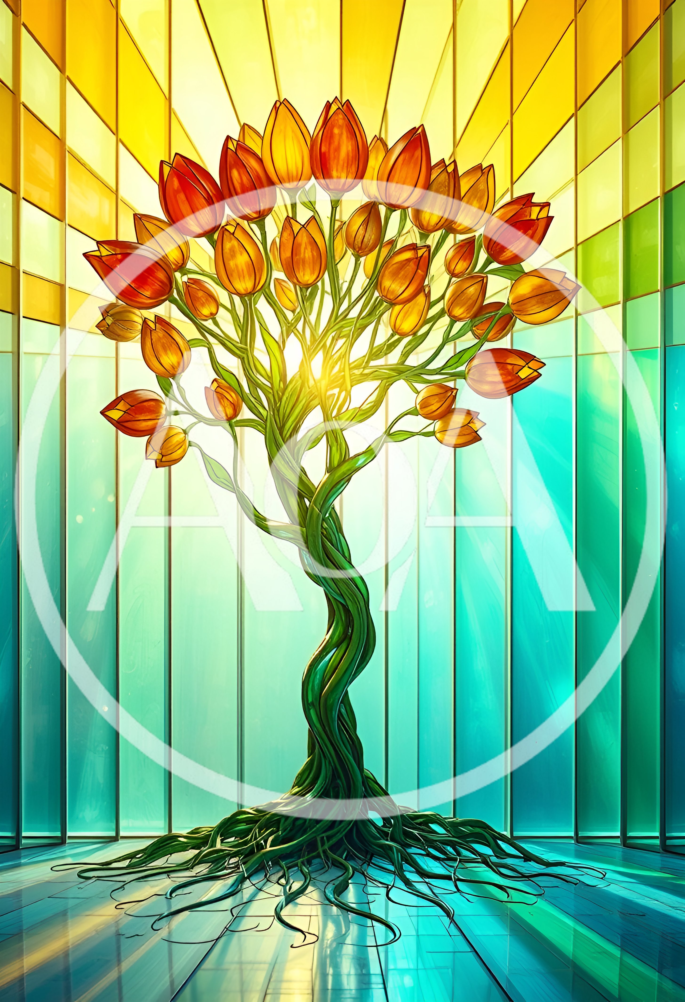 Stained Glass Tree With Tulip Blossoms