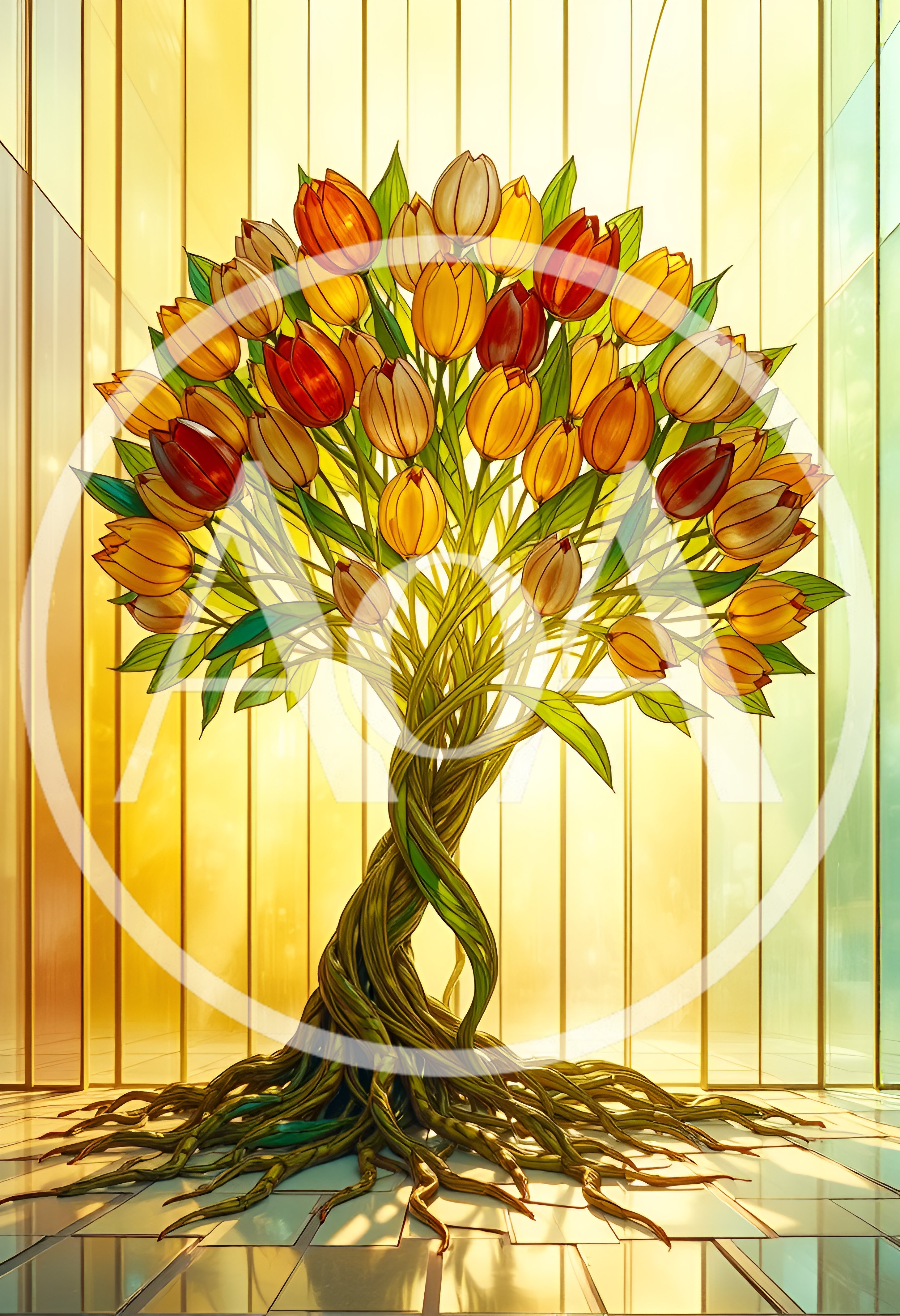 Stained Glass Tulip Tree Art Illustration