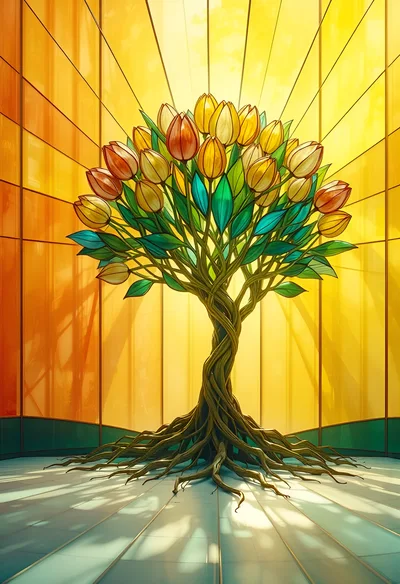 Stained Glass Tree With Tulip Blossoms