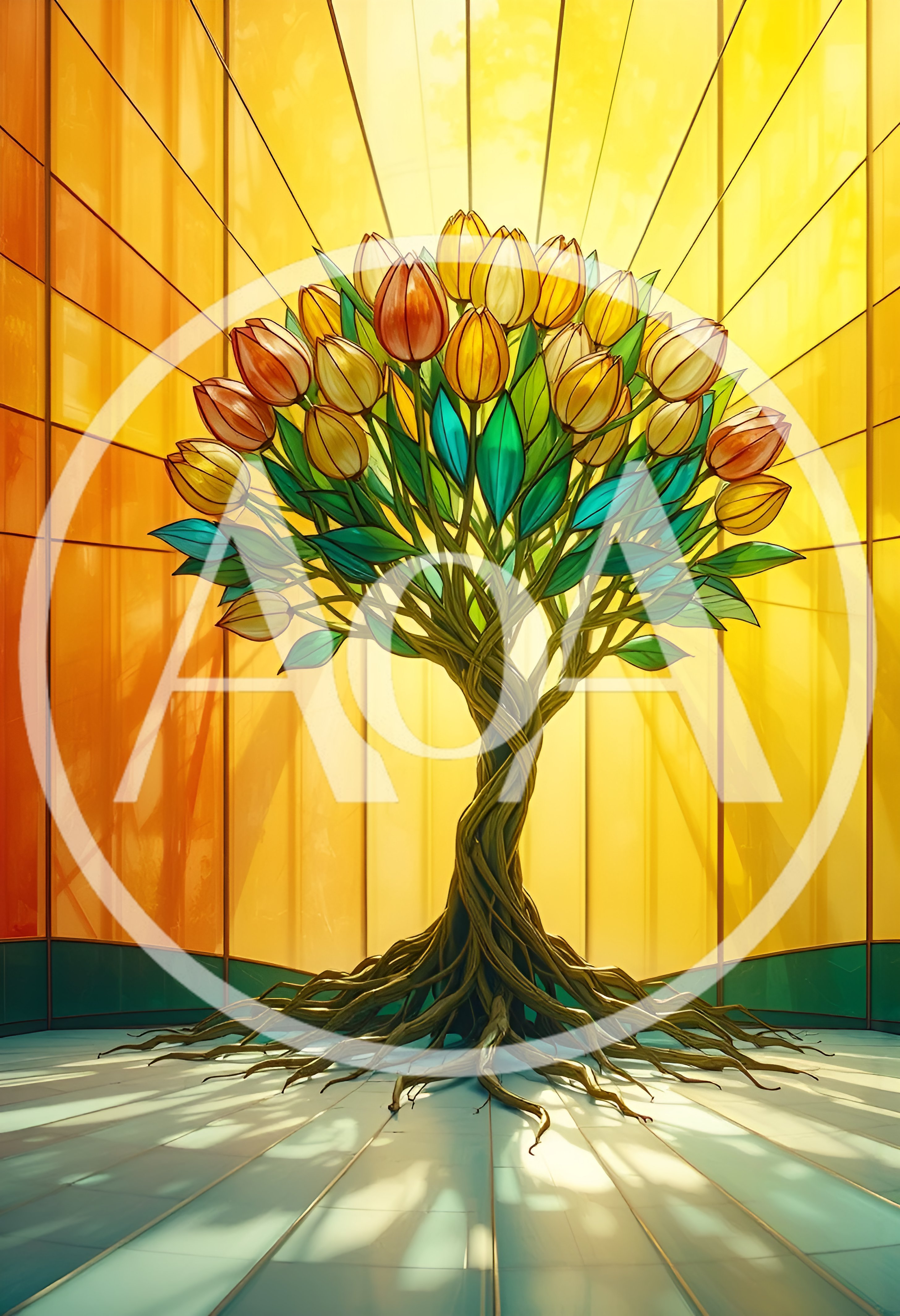 Stained Glass Tree With Tulip Blossoms