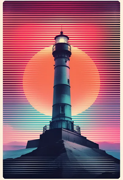 Retro Synthwave Style Lighthouse Illustration
