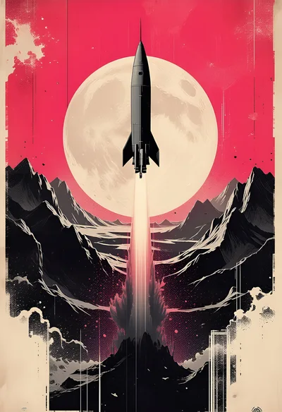 Retro Style Rocket Launching Against A Large Moon