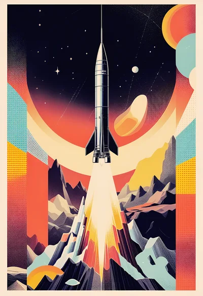 Retro Futuristic Rocket Launching From Mountainous Landscape