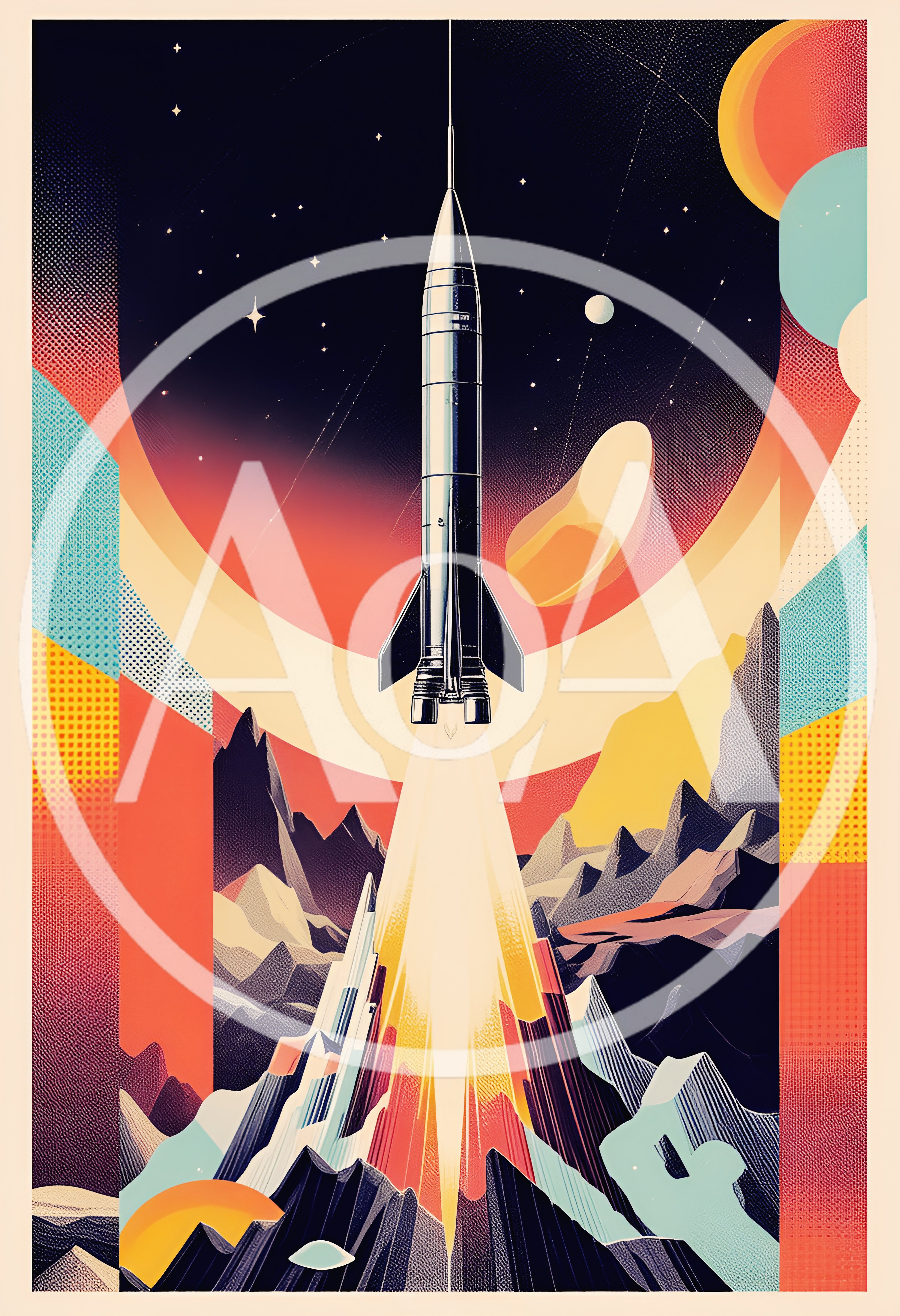 Retro Futuristic Rocket Launching From Mountainous Landscape