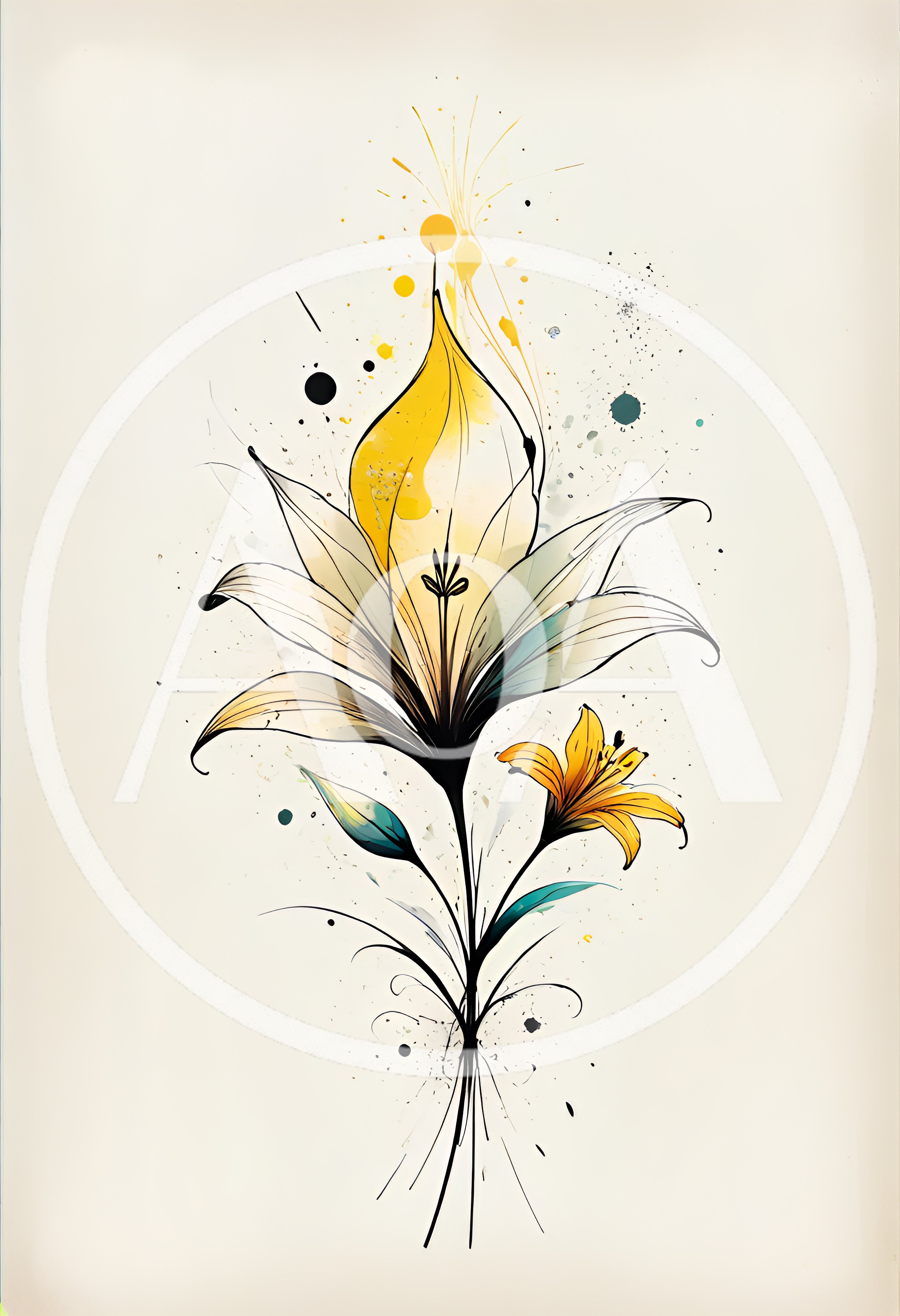 Watercolor Lily Flower Illustration With Ink Linework