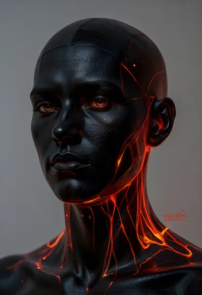 Surreal Portrait Of A Black Obsidian Humanoid Figure