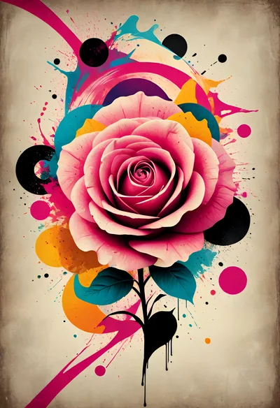 Abstract Pink Rose Illustration With Watercolor Splatter