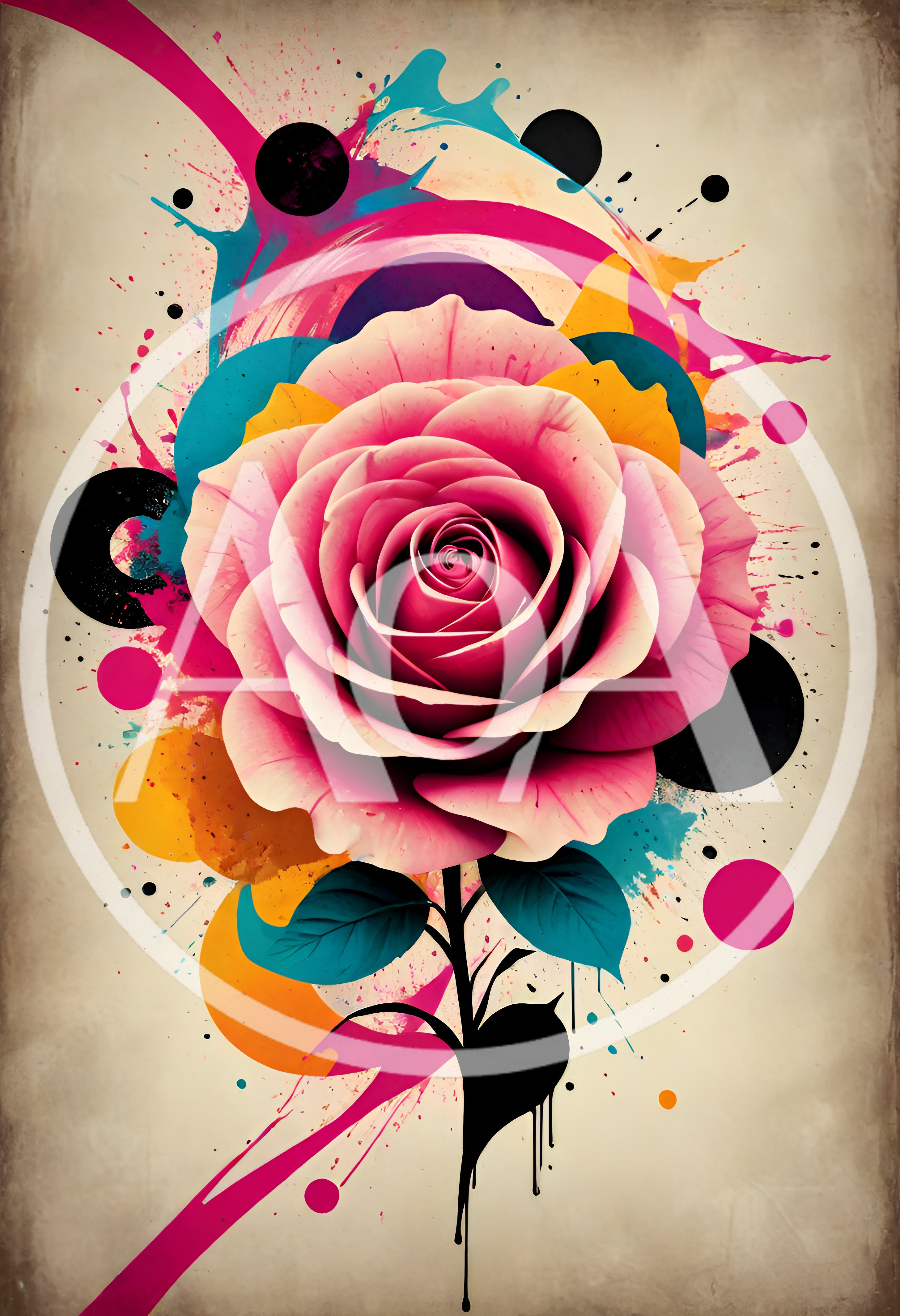 Abstract Pink Rose Illustration With Watercolor Splatter