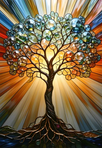 Stained Glass Tree Of Life With Radiant Sunburst