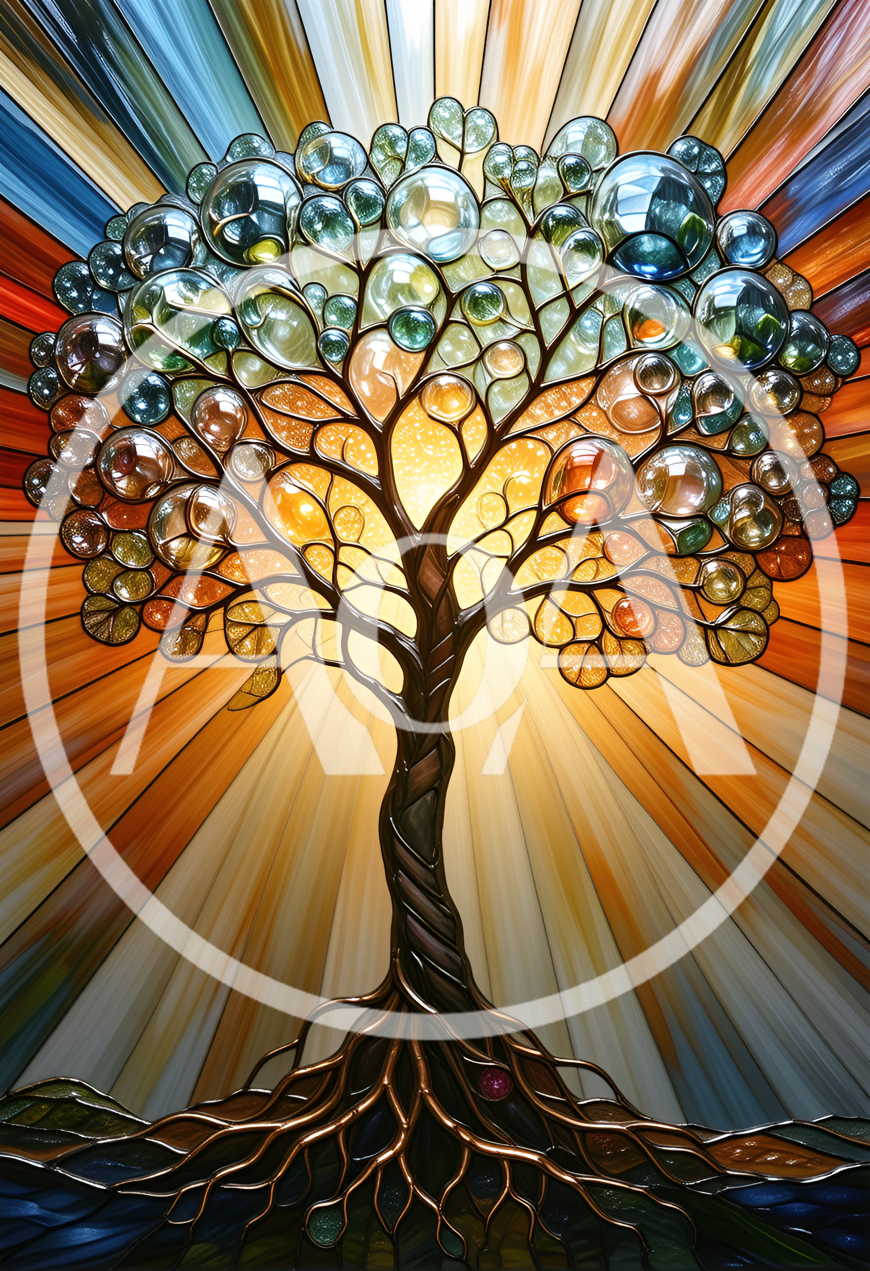 Stained Glass Tree Of Life With Radiant Sunburst