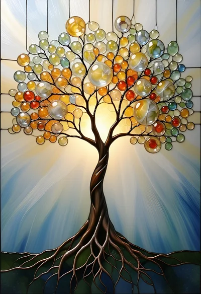 Stained Glass Tree With Glowing Spherical Ornaments