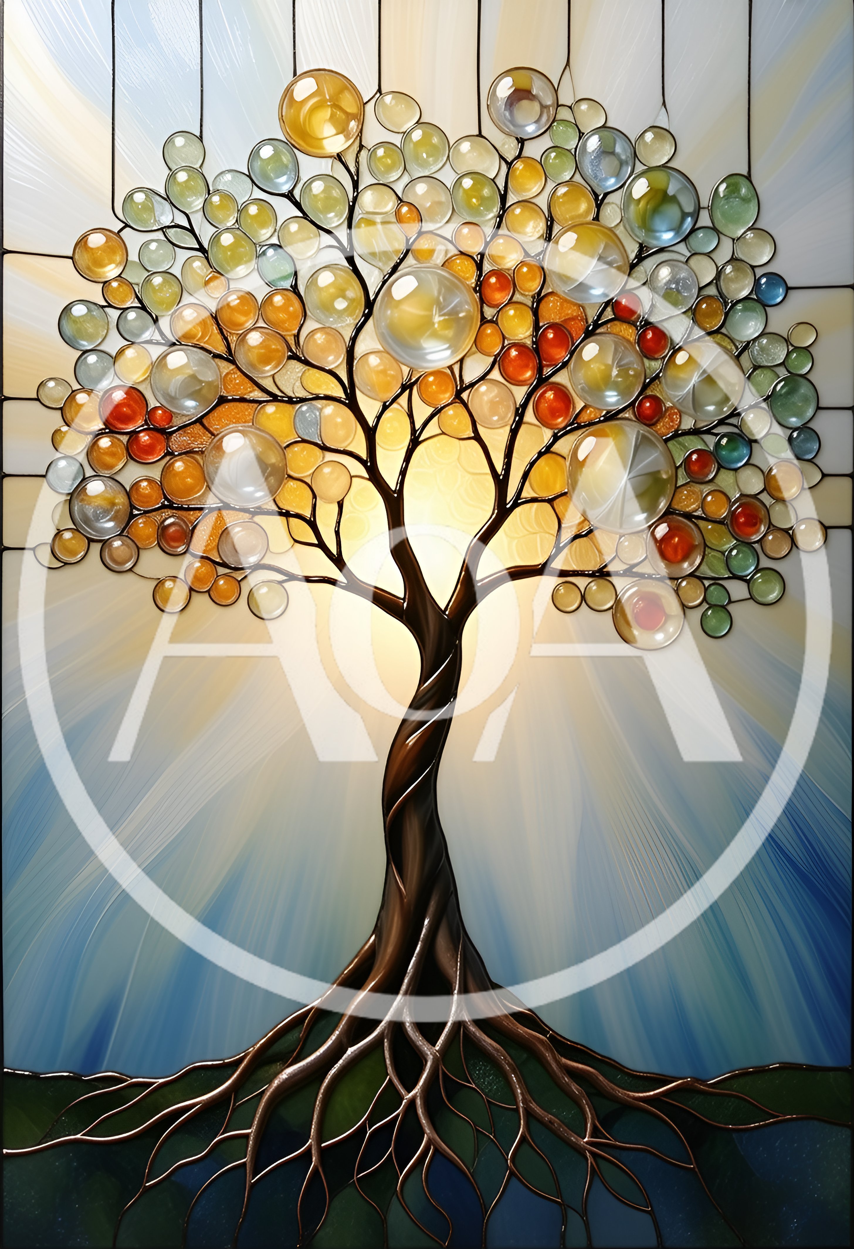 Stained Glass Tree With Glowing Spherical Ornaments
