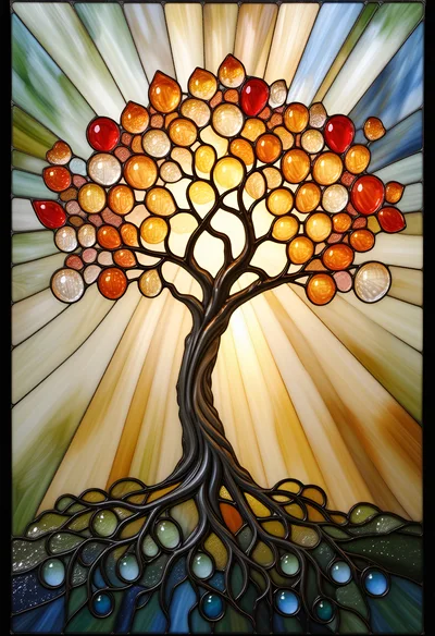 Stained Glass Tree Of Life With Radiant Sunburst Background