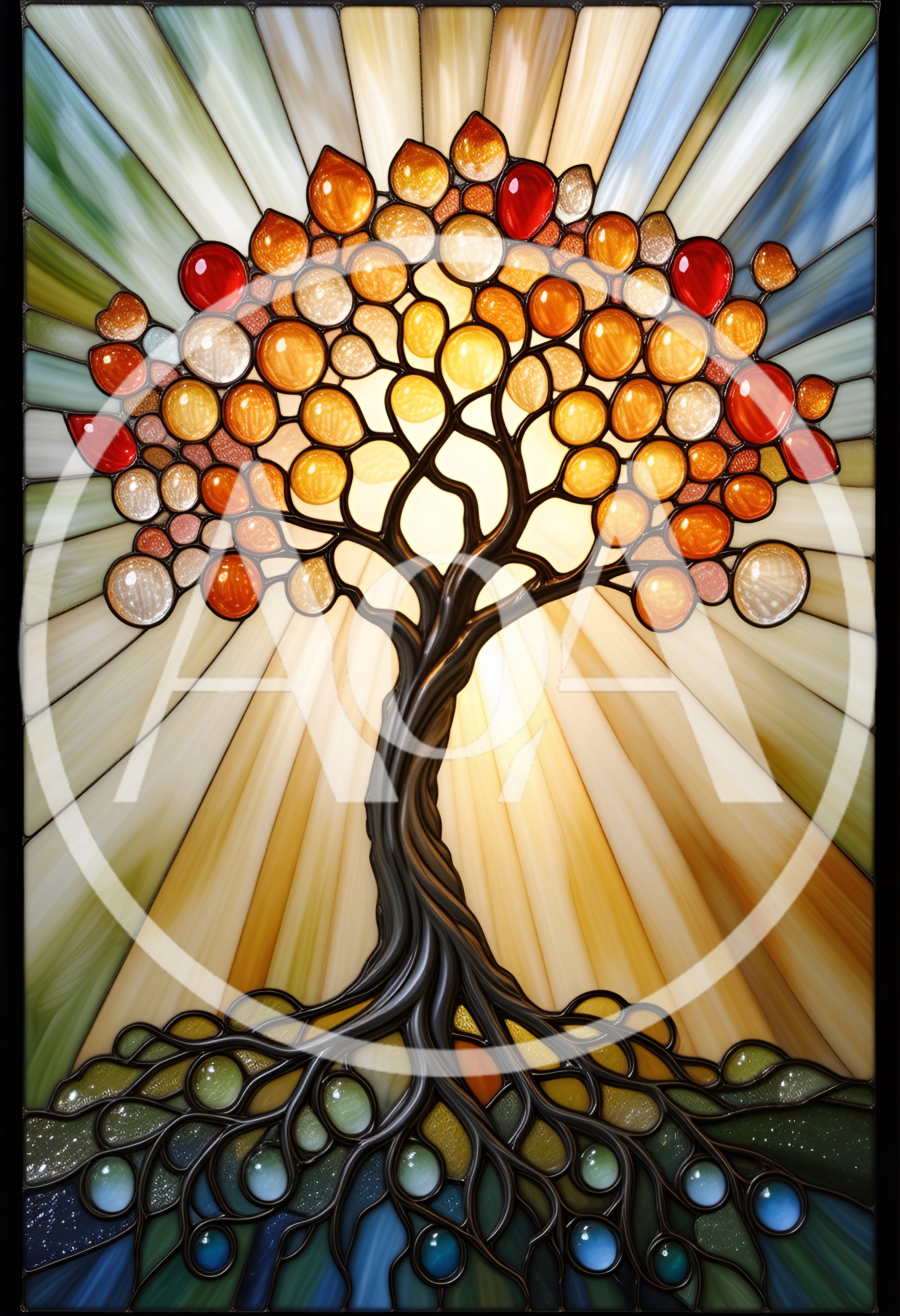 Stained Glass Tree Of Life With Radiant Sunburst Background