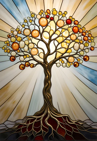 Stained Glass Tree Of Life With Radiant Sunburst Background