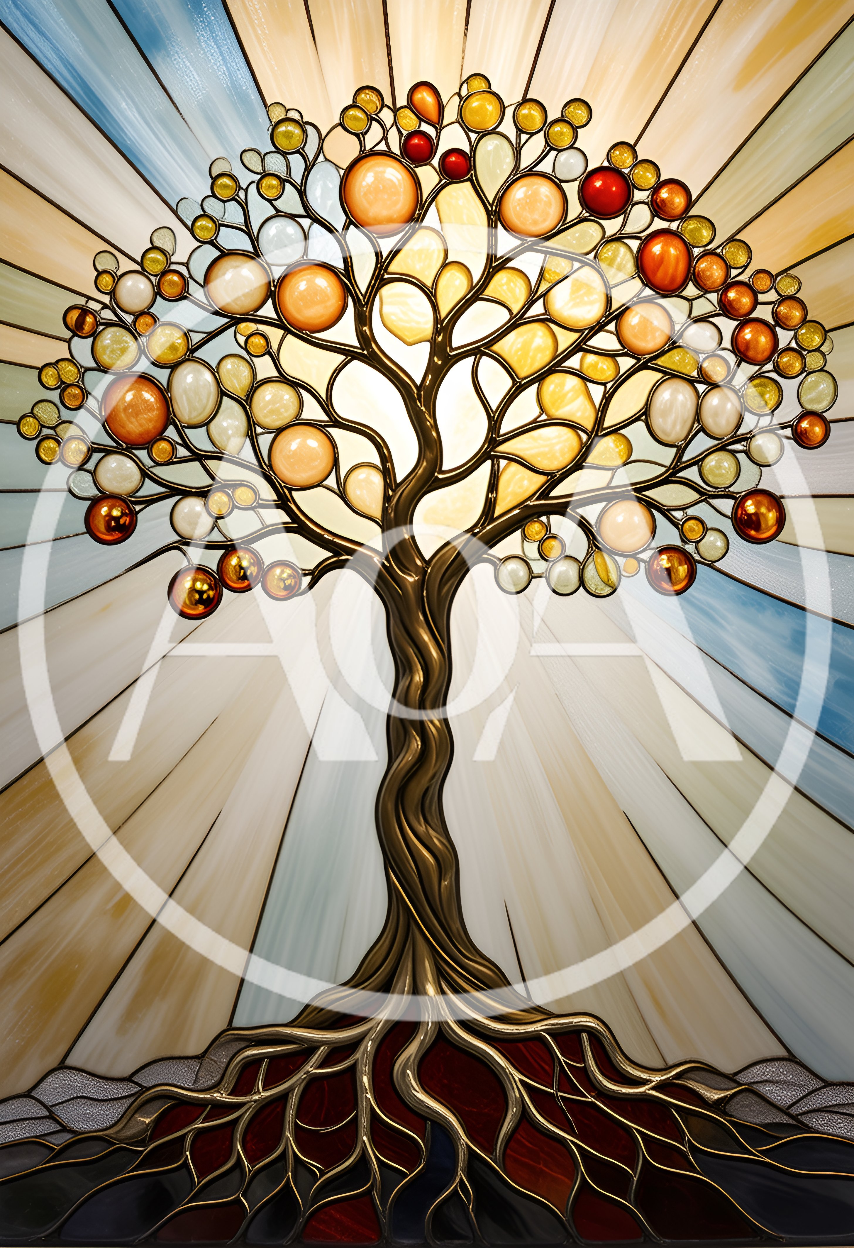 Stained Glass Tree Of Life With Radiant Sunburst Background