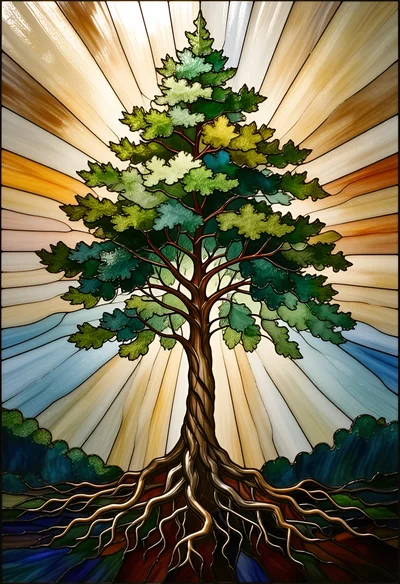 Stained Glass Tree Of Life With Radiant Sunburst