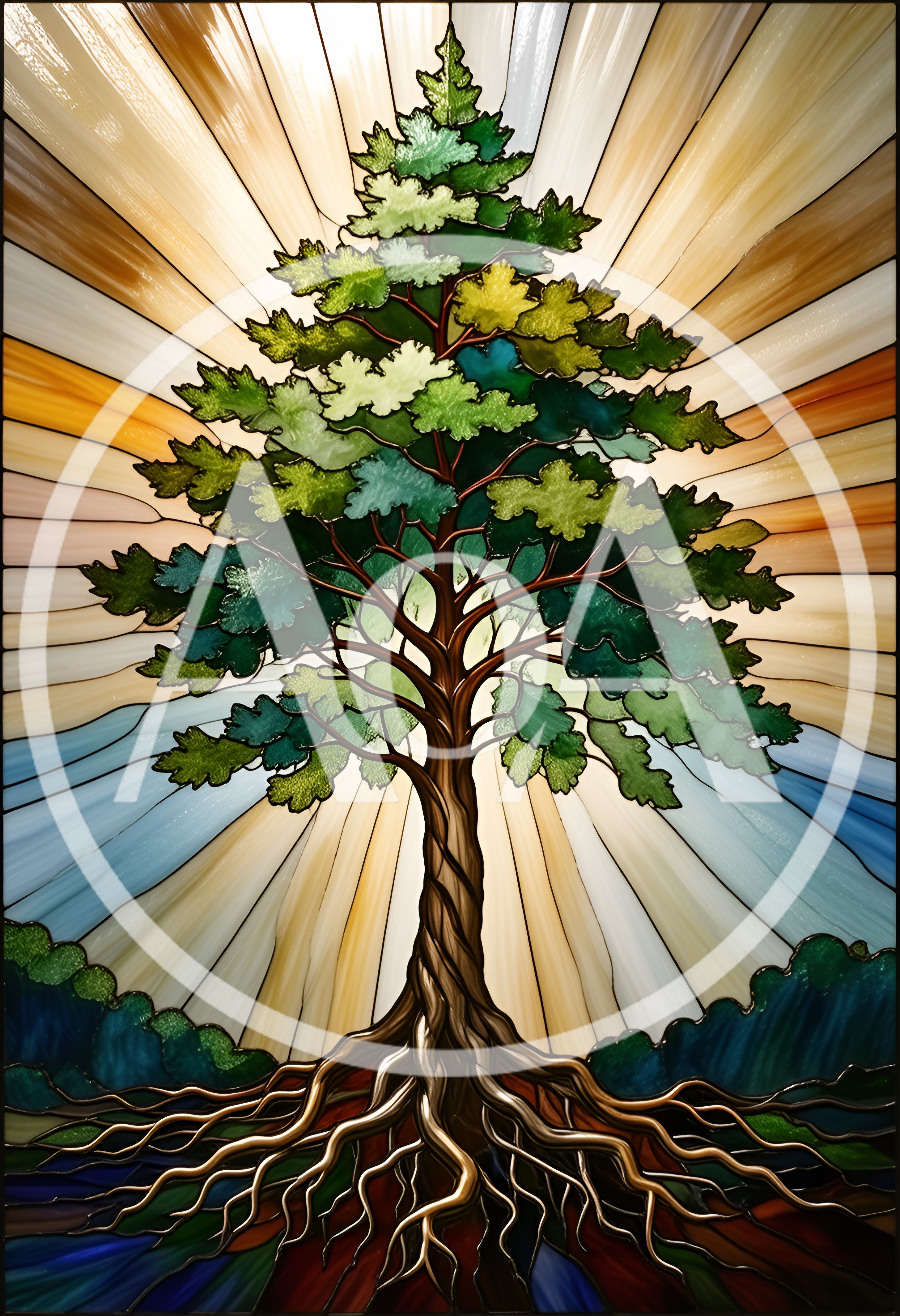 Stained Glass Tree Of Life With Radiant Sunburst