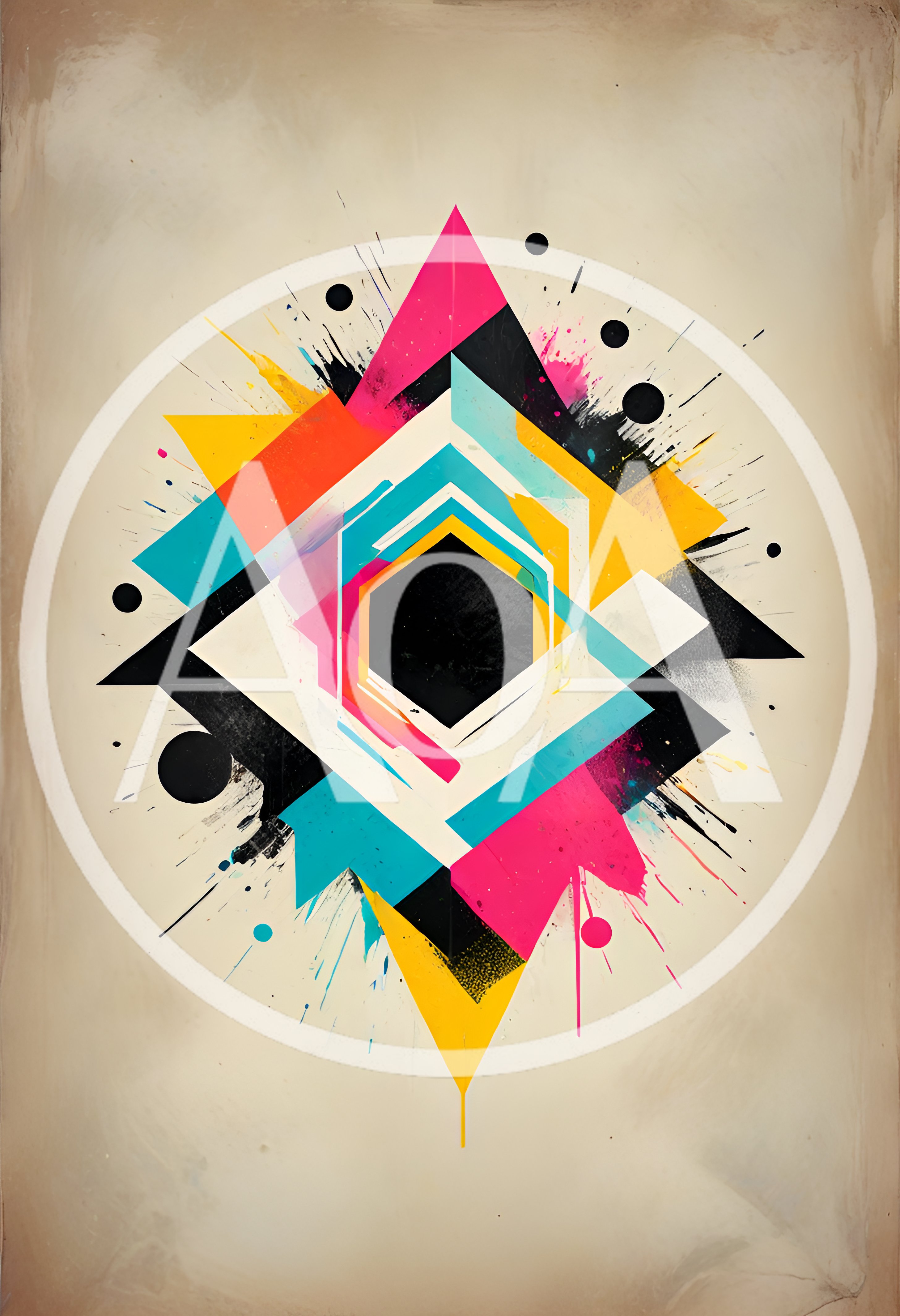 Abstract Geometric Composition With Vibrant Color Splatters