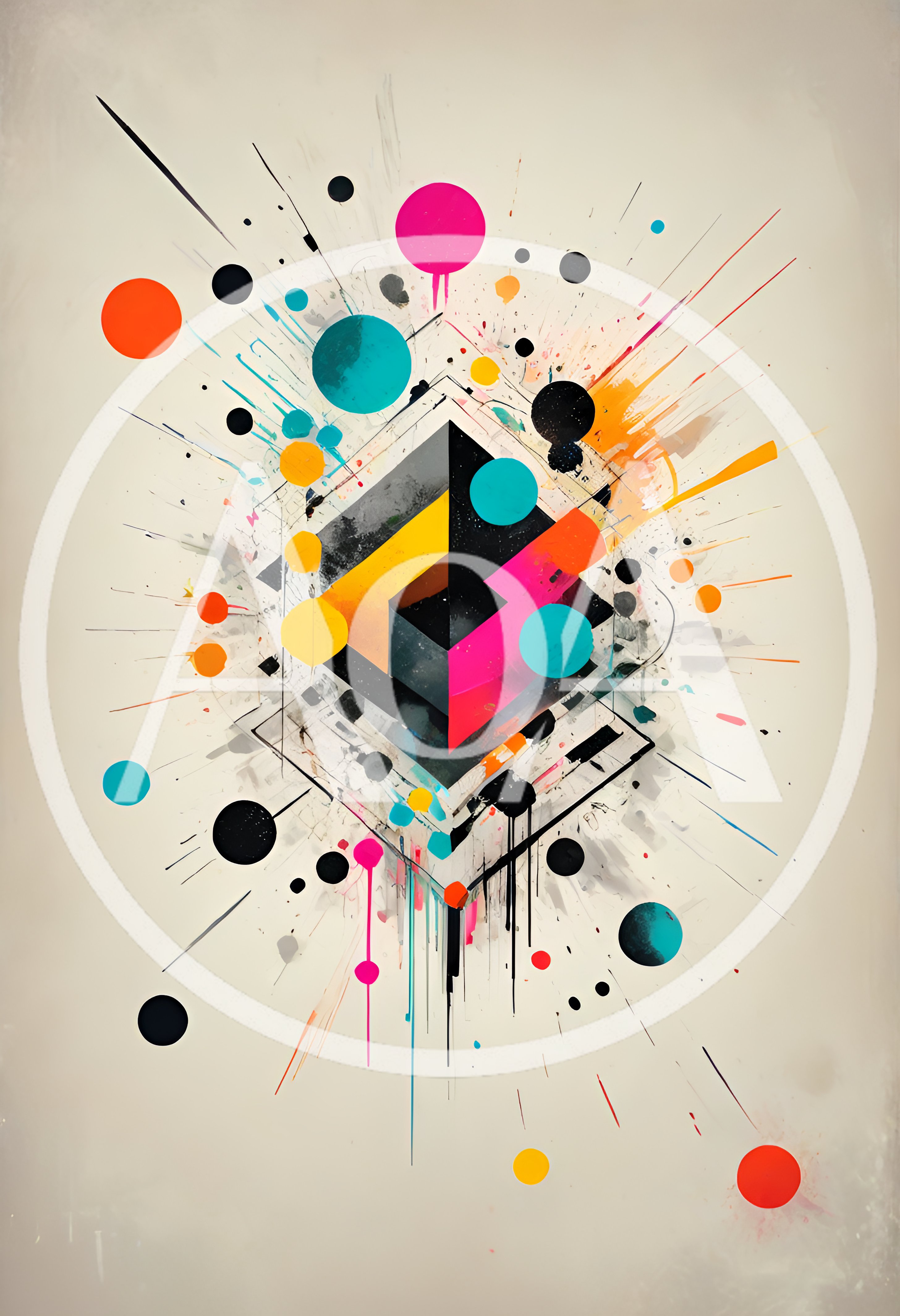 Abstract Geometric Composition With Vibrant Splatter Art