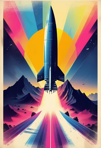 Retro Futuristic Rocket Launching Over Mountain Landscape
