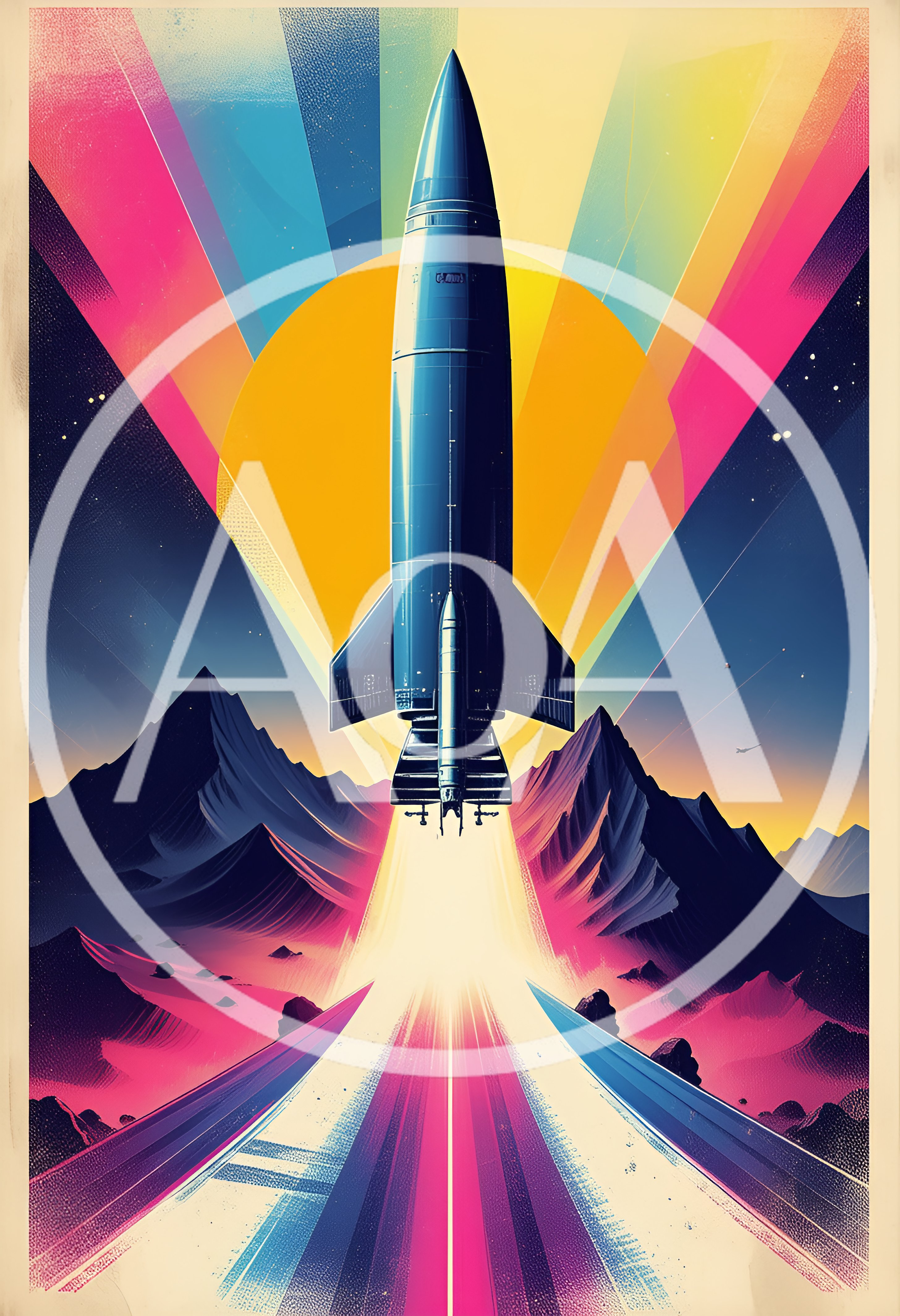 Retro Futuristic Rocket Launching Over Mountain Landscape