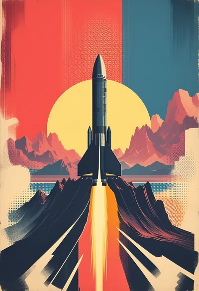 Retro Style Rocket Launching Over Mountain Landscape