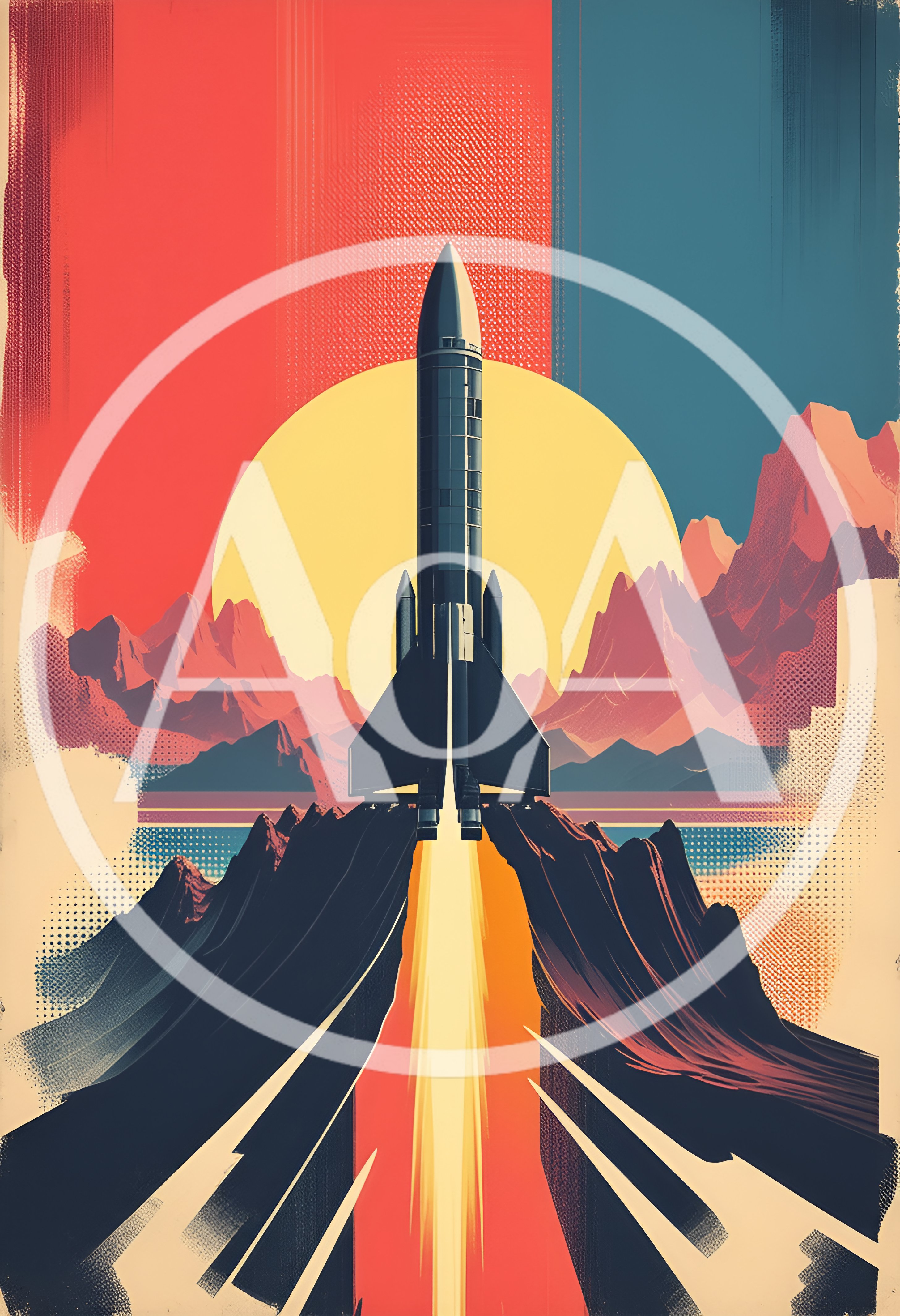 Retro Style Rocket Launching Over Mountain Landscape