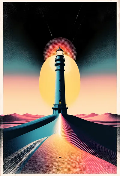 Stylized Lighthouse Illustration With Abstract Sunset Background