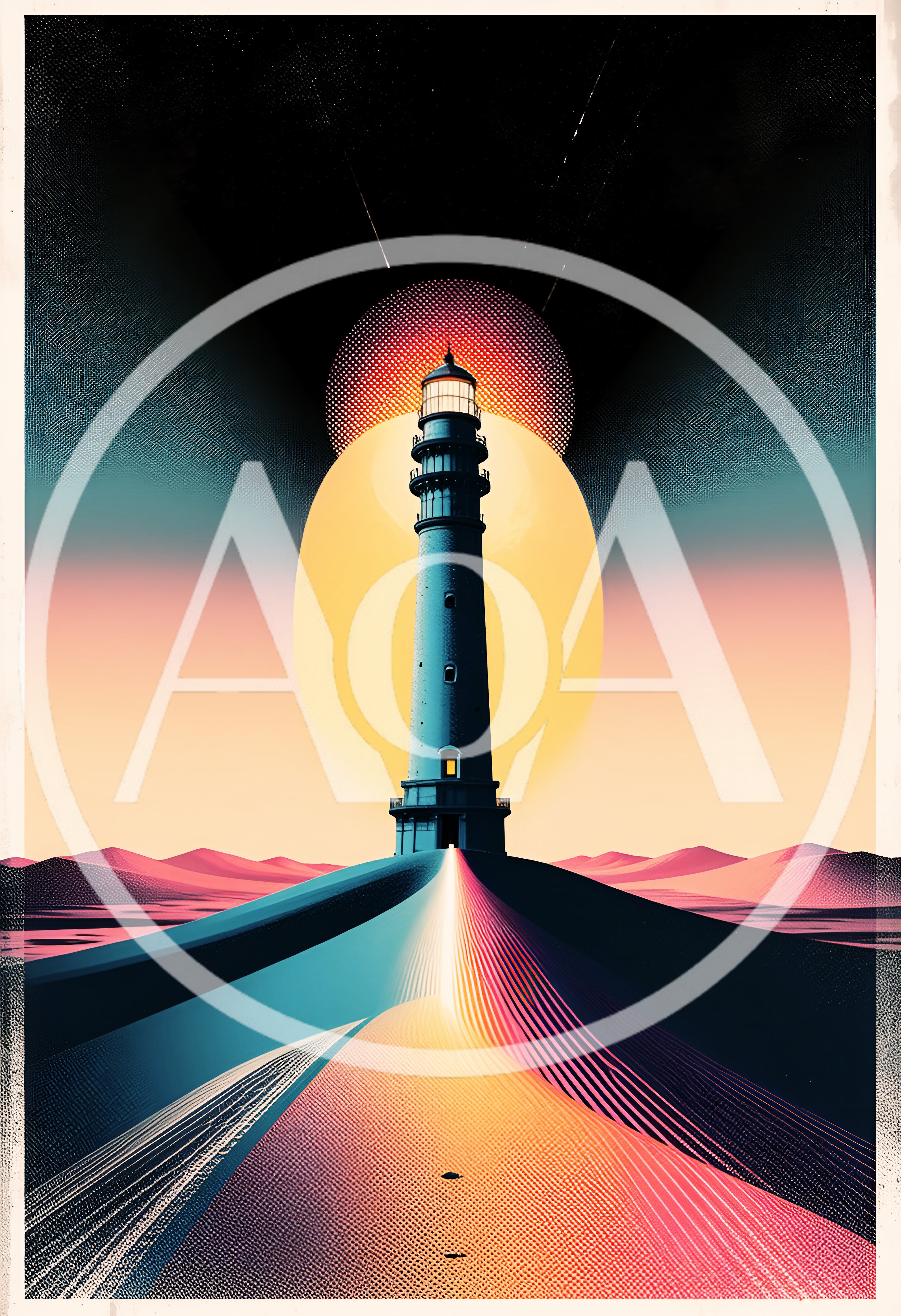 Stylized Lighthouse Illustration With Abstract Sunset Background