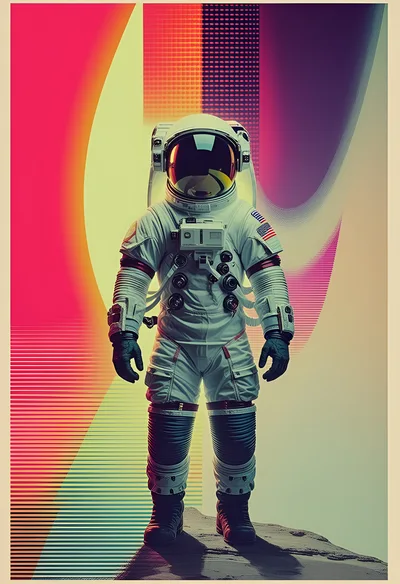 Astronaut Standing On Lunar Surface With Retro Abstract Background