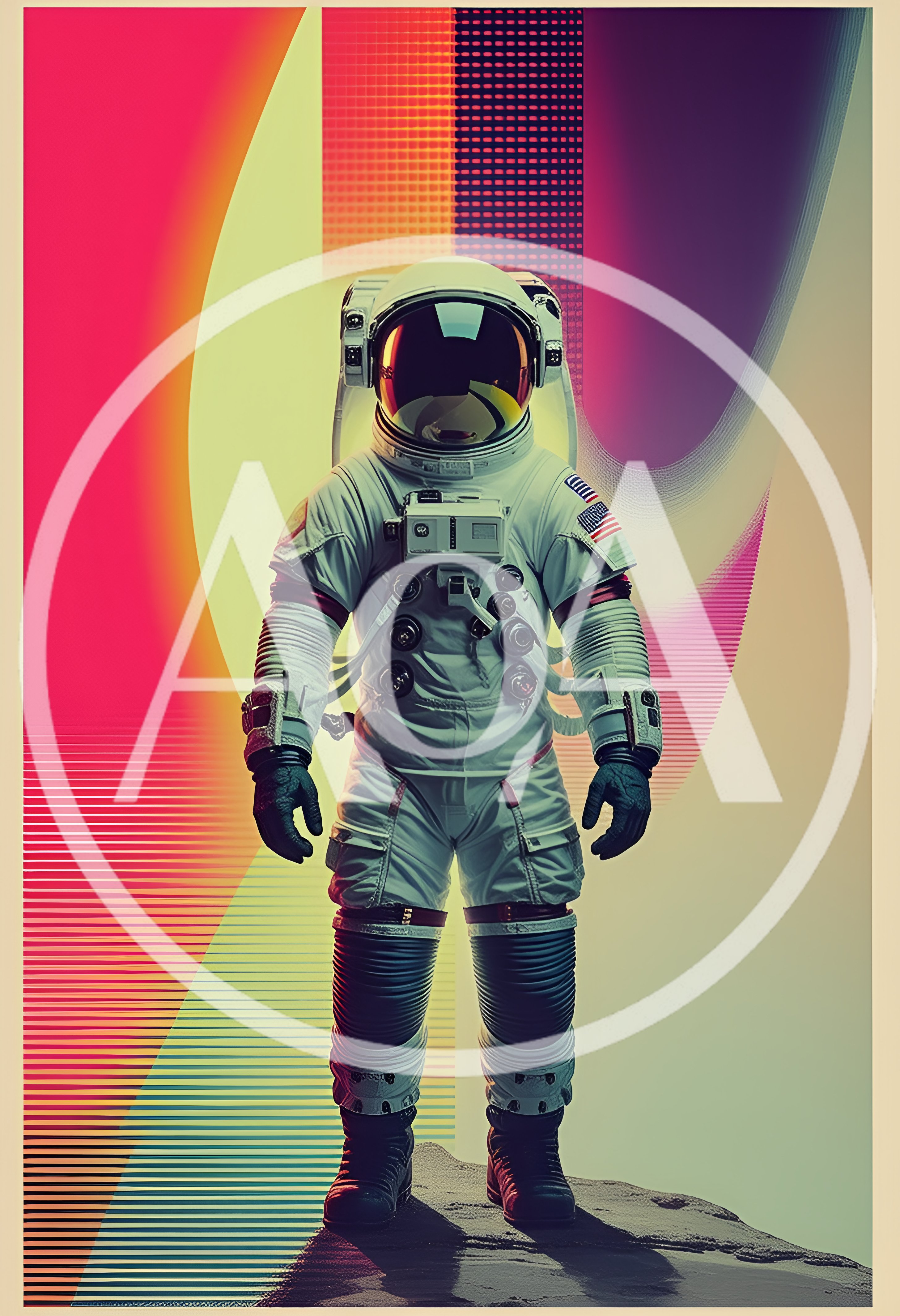 Astronaut Standing On Lunar Surface With Retro Abstract Background