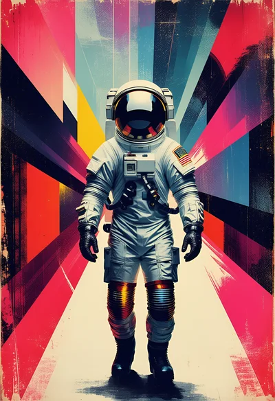 Astronaut Walking Through A Vibrant Abstract Geometric Tunnel