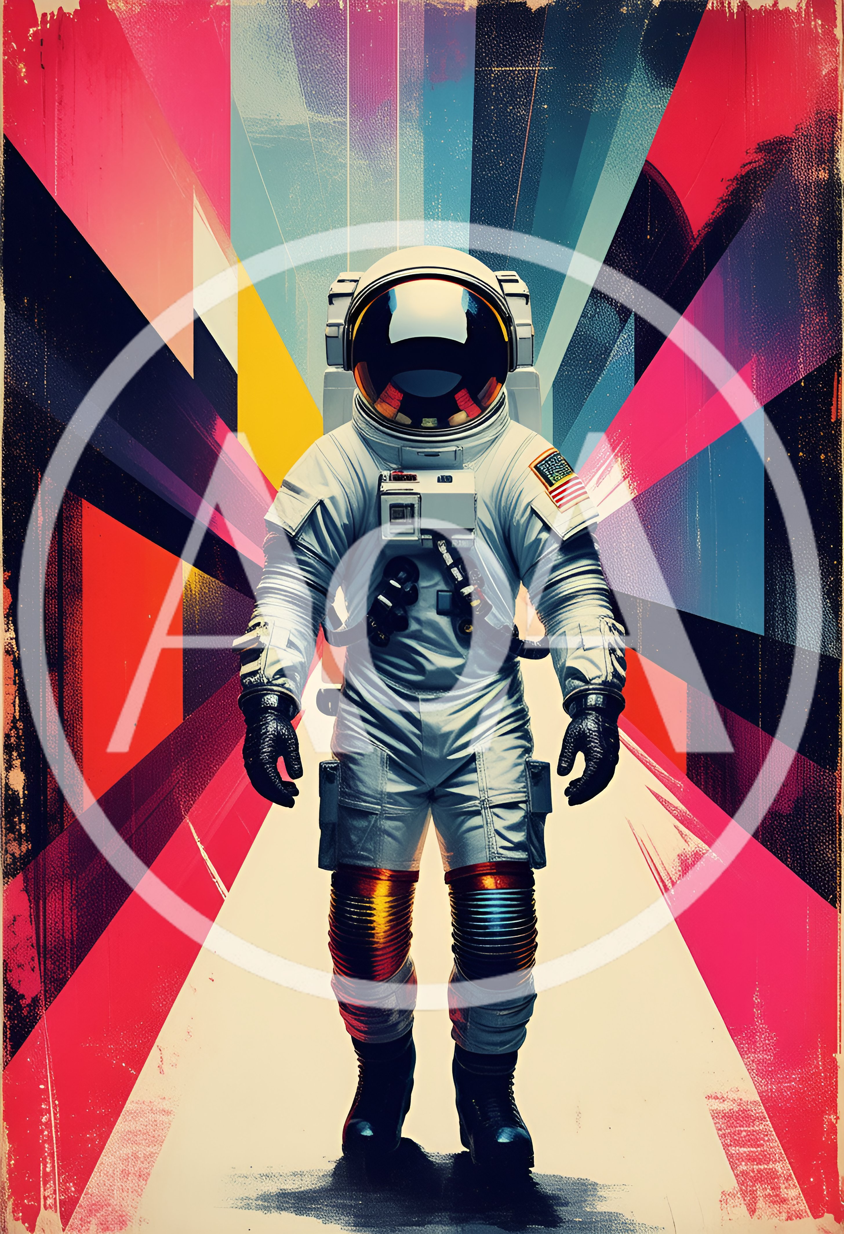 Astronaut Walking Through A Vibrant Abstract Geometric Tunnel
