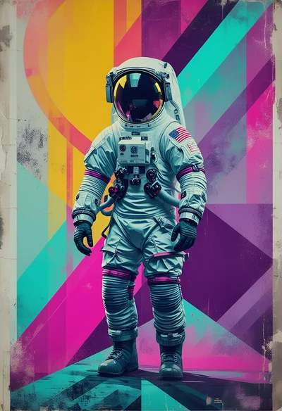 Astronaut Standing Against Vibrant Abstract Geometric Background