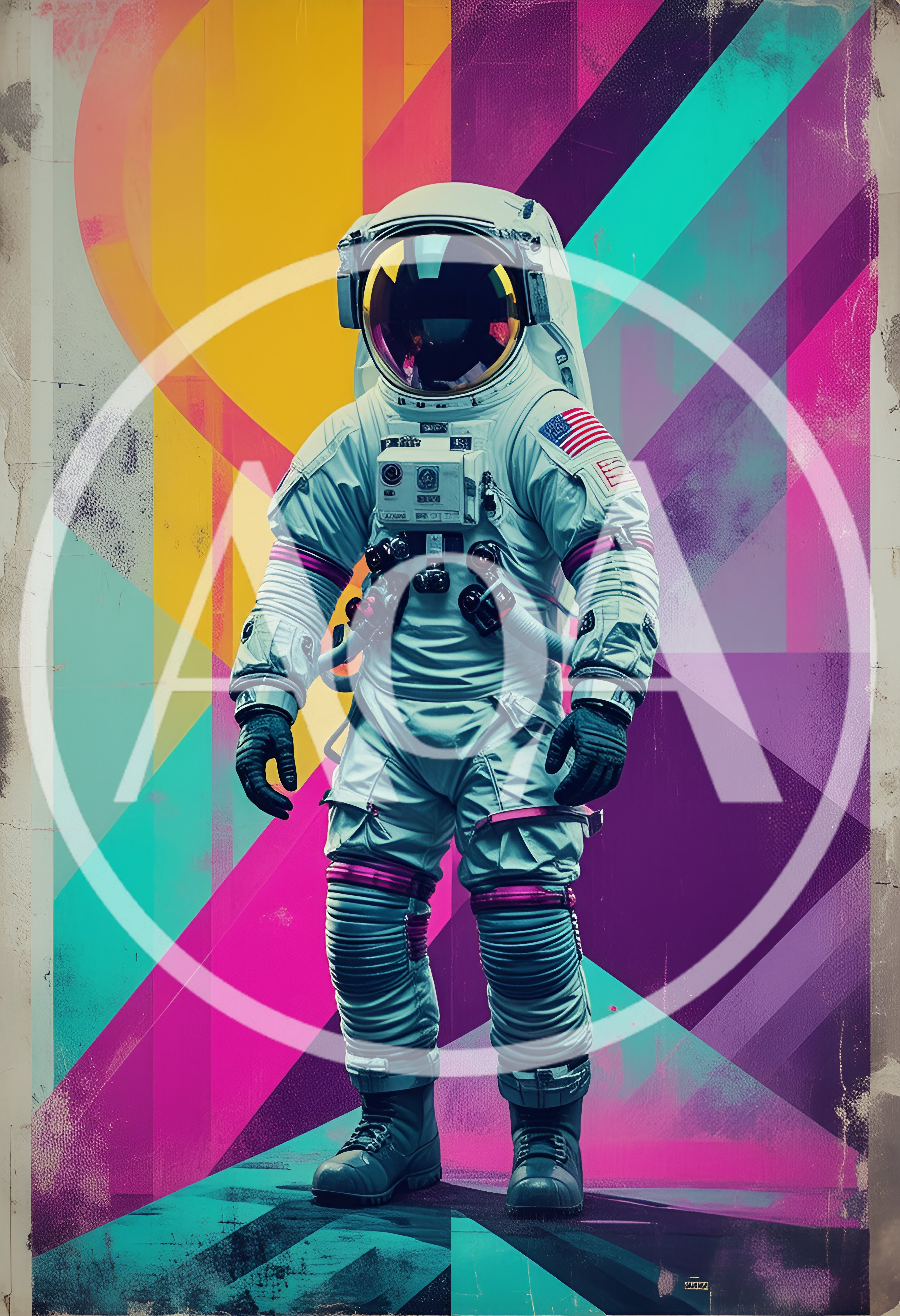 Astronaut Standing Against Vibrant Abstract Geometric Background