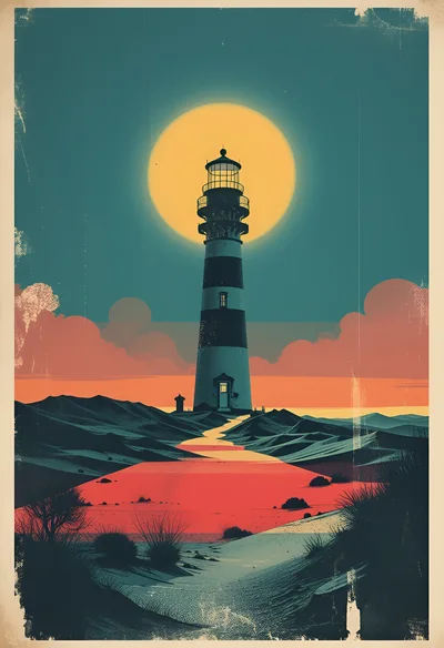 Vintage Style Illustration Of A Coastal Lighthouse At Sunset