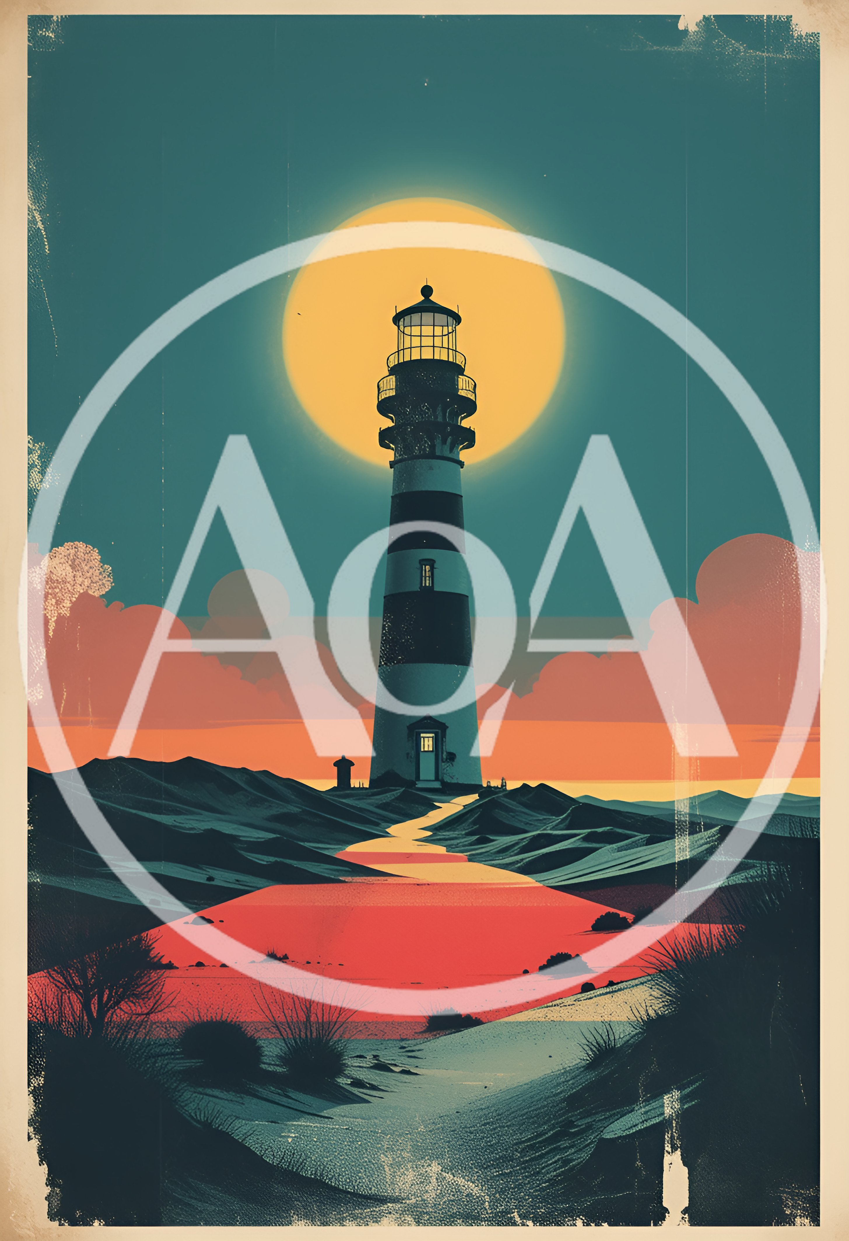 Vintage Style Illustration Of A Coastal Lighthouse At Sunset