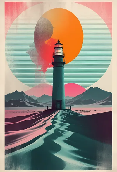 Surreal Minimalist Lighthouse Landscape Illustration
