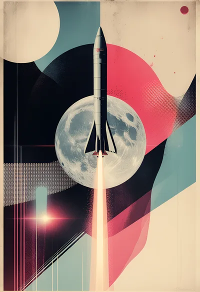 Retro Style Rocket Launching Past The Moon