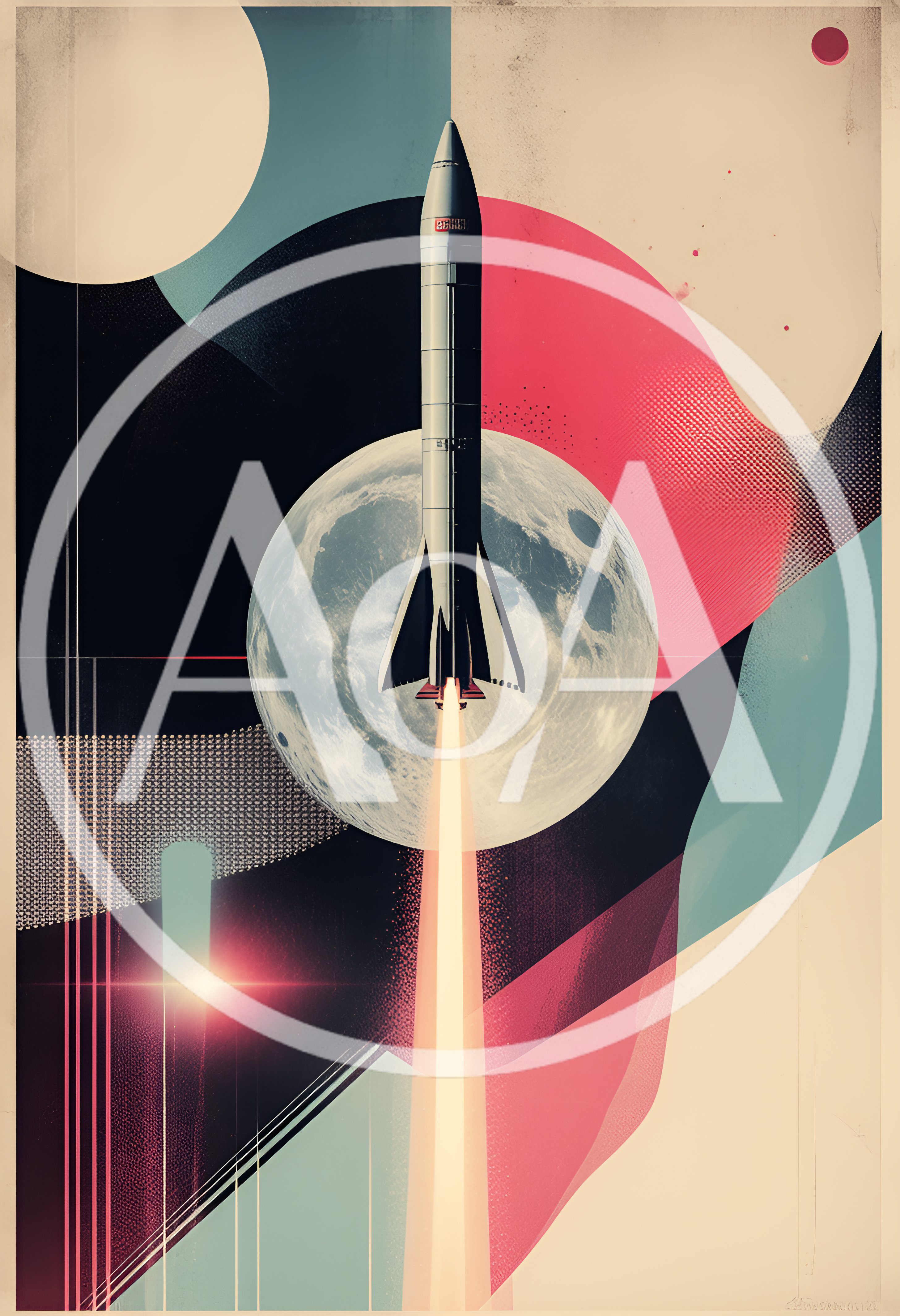Retro Style Rocket Launching Past The Moon