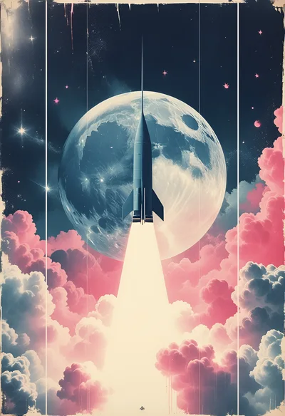 Vintage Style Rocket Launching Toward The Moon