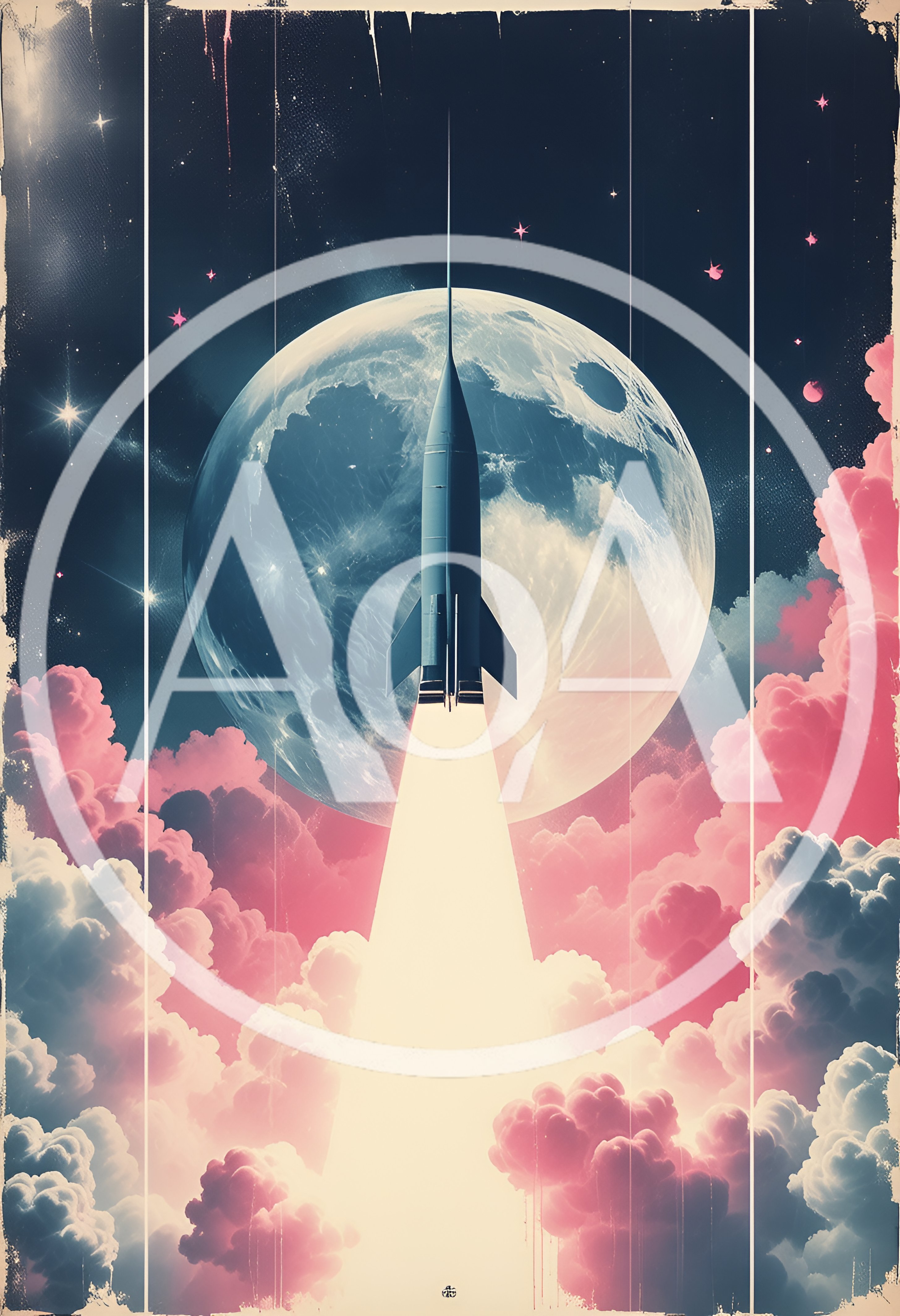 Vintage Style Rocket Launching Toward The Moon