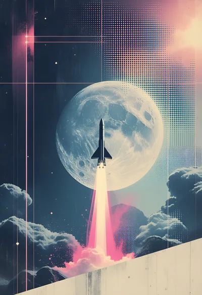 Rocket Launching Toward The Moon In Retro Synthwave Style