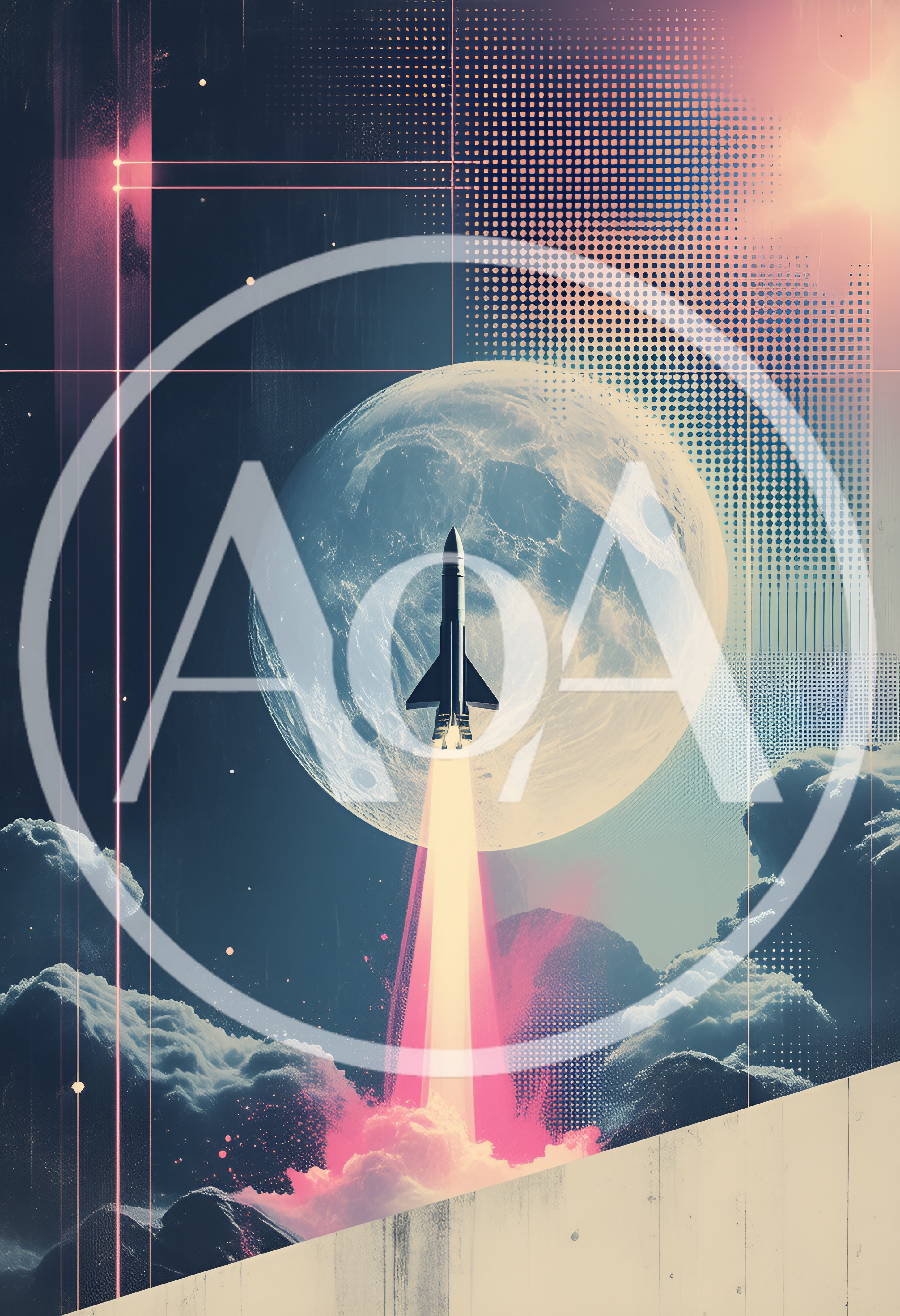 Rocket Launching Toward The Moon In Retro Synthwave Style