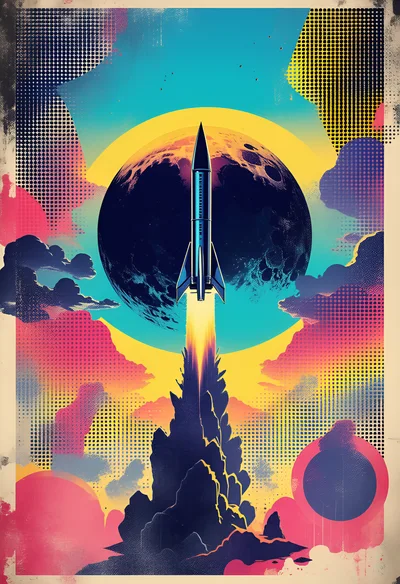 Retro Synthwave Style Rocket Launching Toward The Moon