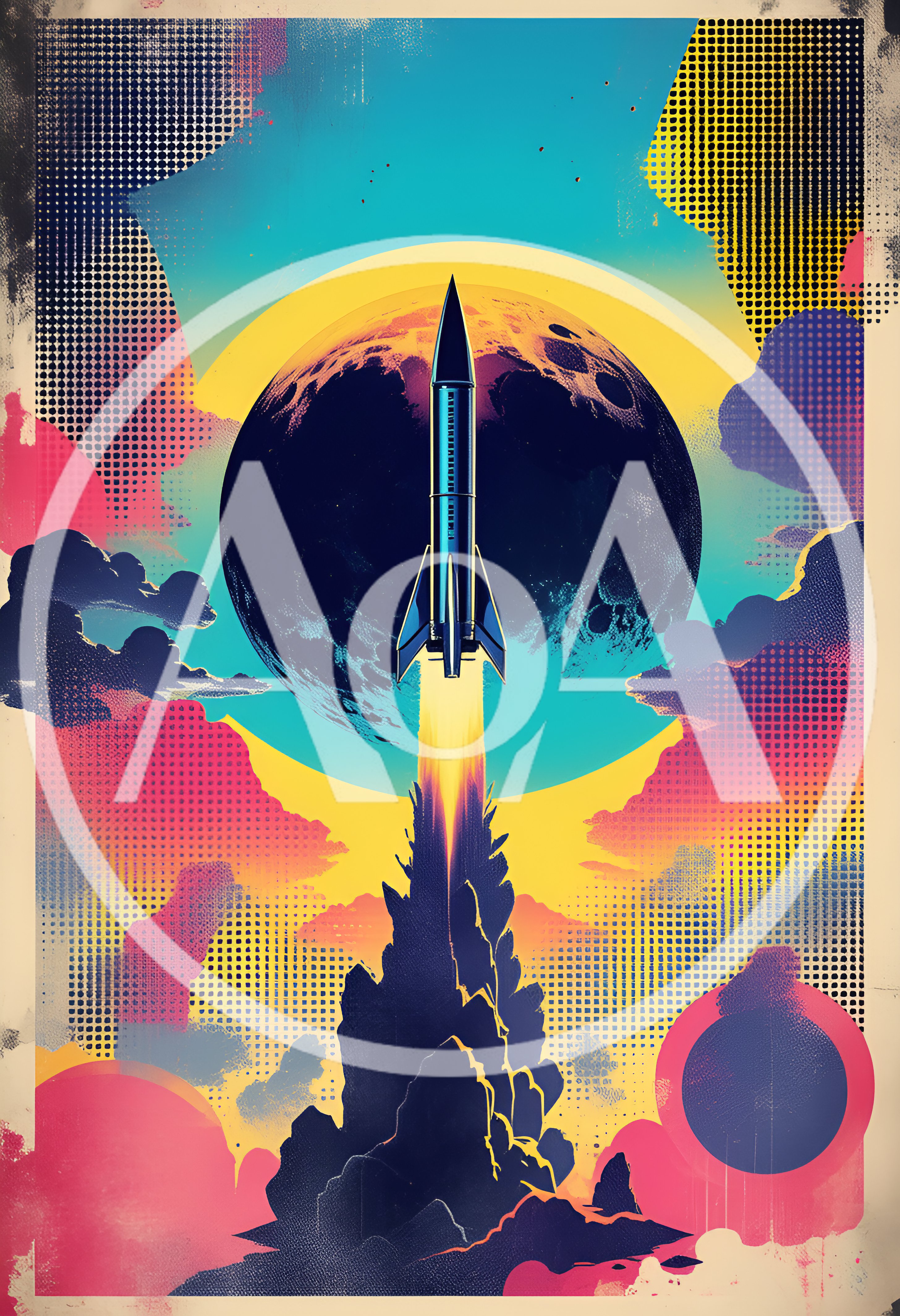 Retro Synthwave Style Rocket Launching Toward The Moon