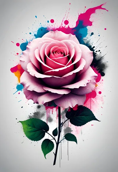 Pink Rose Flower With Artistic Watercolor Splatter Background