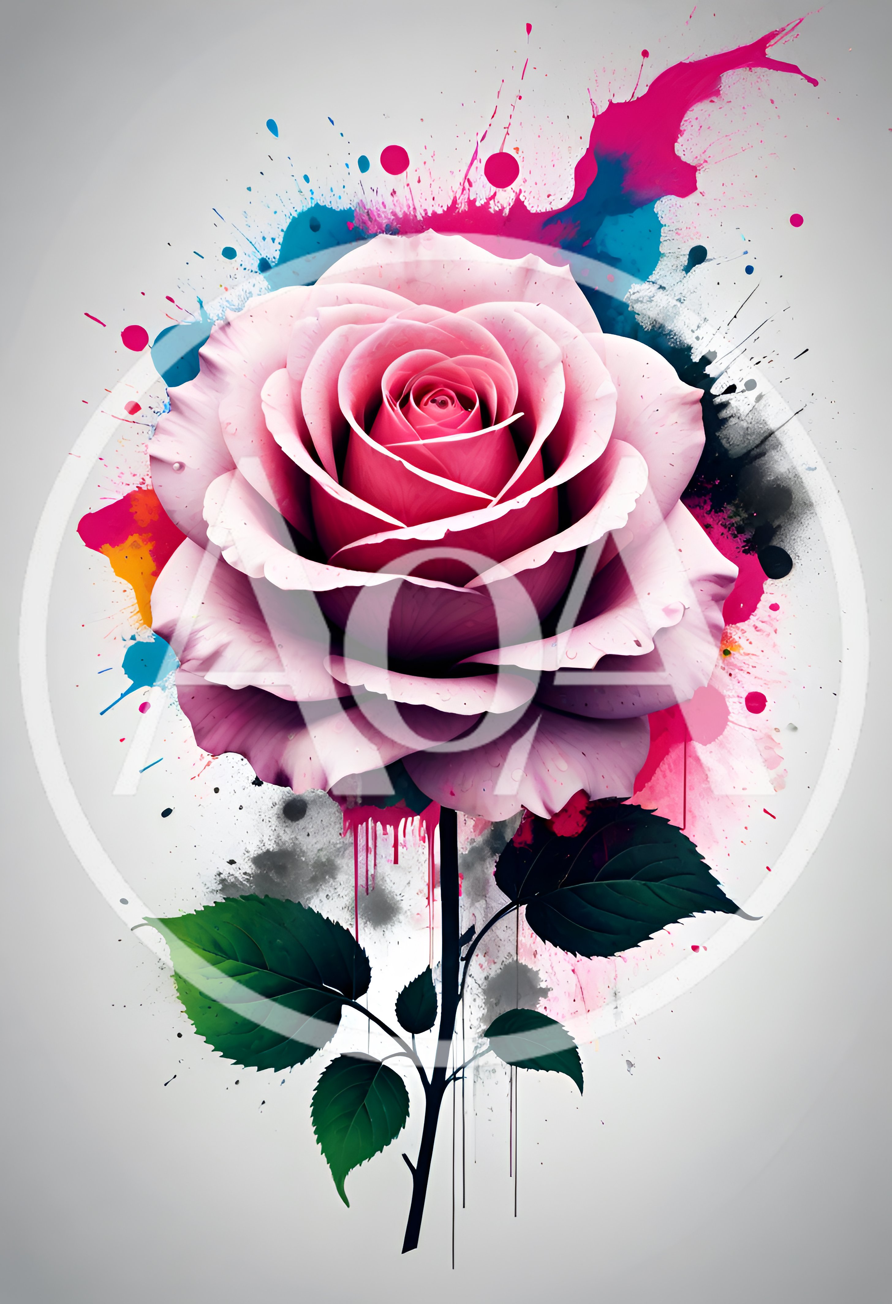 Pink Rose Flower With Artistic Watercolor Splatter Background